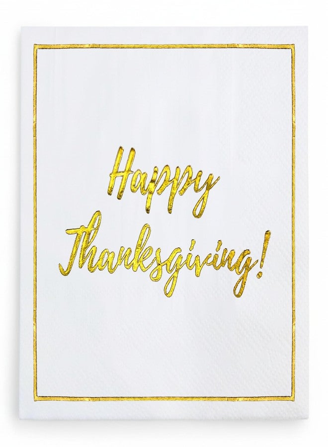 Cloverjoyed Happy Thanksgiving Cocktail Napkins, 50 Pack, Gold Foil Design, Disposable Paper Dinnerware Decorations for Beverages, Dessert, Appetizers - Image 1